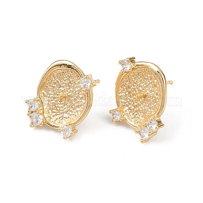 Плоские круглые серьги-гвоздики с микропаве из прозрачных кубических цирконий из латуни KK-H524-08G-1
