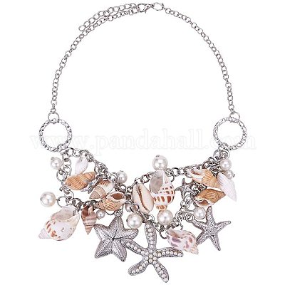 Chunky Gold Tone Sea Shell Starfish Pearl Bib Statement Necklace Beach Jewelry 