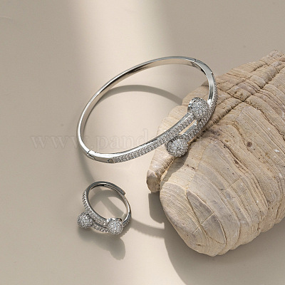 Плоские круглые латунные браслеты-манжеты и кольца с микропаве из прозрачных кубических цирконий FS-WGF0D2F-05-1