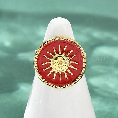 Плоские круглые с рисунком солнца эмалевые кольца из нержавеющей стали 304 для женщин RJEW-G355-05G-02-1