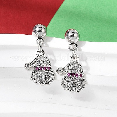 Рождественские серьги-гвоздики с подвесками из латуни с микропаве из кубических цирконий EJEW-L306-01P-02-1