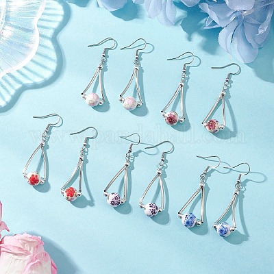 Круглые серьги-подвески ручной работы с цветочным принтом EJEW-JE06800-1