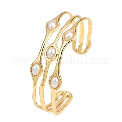 Женские браслеты-манжеты с 22 рядами из латуни и АБС-пластика толщиной 3 мм BJEW-L707-01G-1