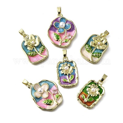 Подвески из латуни с цветочным узором и эмалью KK-Z102-20G-1