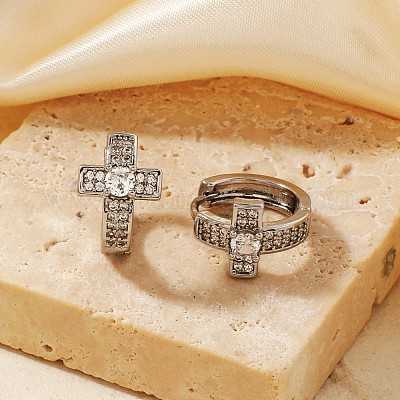 Элегантные серьги-кольца с крестообразным узором из латуни и прозрачными кубическими цирконами HU5672-1-1