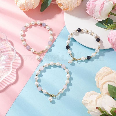 3 шт. 3 стильных браслета из круглых бусин из ракушечного жемчуга и натуральных и синтетических смешанных драгоценных камней для женщин BJEW-JB12502-1