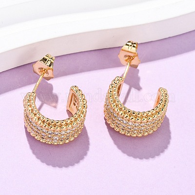 Серьги-гвоздики в форме буквы С с микропаве из прозрачного кубического циркония из латуни EJEW-B153-16G-1