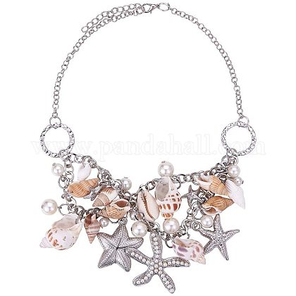 PandaHall 1 Strand about 42cm Shell Necklaces Summer Sea Shell Starfish Faux Pearl Necklaces Statement Chunky Beach Women Necklace Collar Pendant Mermaid Costume Necklace NJEW-PH0001-14P-1
