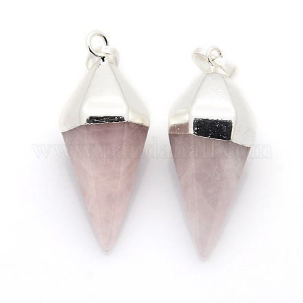 Bicone Natural Rose Quartz Pendants with Silver Tone Brass Findings G-P053-P26J-1