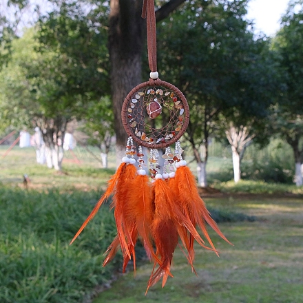 Плетеная сетка/паутина из натуральной крошки сердолика с украшением в виде подвески из перьев WICH-PW0001-39B-1