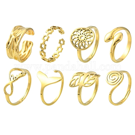 8Pcs 8 Style Flower & Leaf & Whale Tail & Snake Stainless Steel Open Cuff Ring Sets RJEW-FS0001-01-1