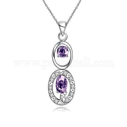 Silver Plated Brass Cubic Zirconia Oval Pendant Necklaces NJEW-BB03590-B-1