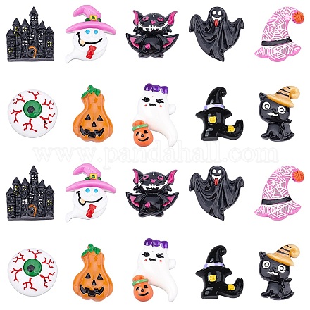 Sunnyclue 20 個 10 スタイル ハロウィーン テーマ不透明樹脂カボション  ジュエリー作りのための  魔法の帽子と幽霊とカボチャのジャック・オー・ランタンとフクロウと魔法の帽子と城と魔女の帽子と幽霊の突き出た舌とピンクの魔法の帽子と眼球と幽霊  ミックスカラー  2個/スタイル RESI-SC0001-63-1