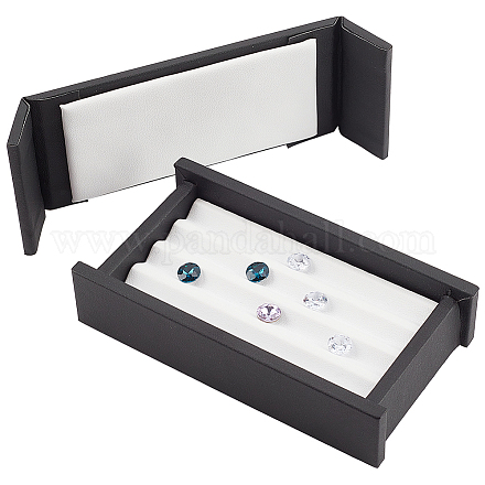 4スロット長方形PUレザールースダイヤモンドプレゼンテーションボックス  ダイヤモンドを保管するための蓋付きの小さな宝石展示ケース  ブラック  12.05x6.5x2.5cm LBOX-WH0002-05-1