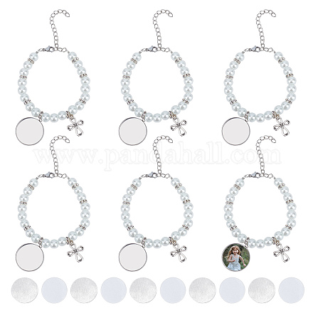 Chgcraft 6 pz rosario braccialetti di sublimazione trasferimento di calore braccialetto bianco braccialetti di sublimazione rosario con perle di vetro croce di perline braccialetti di fascino per il battesimo gioielli fai da te BJEW-CA0001-06-1