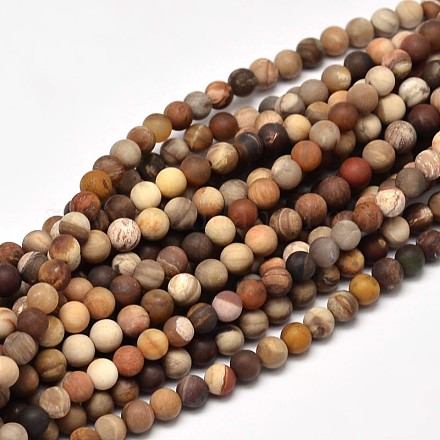 Esmerilado de madera petrificada naturales hebras de perlas redondas G-F266-07-8mm-1