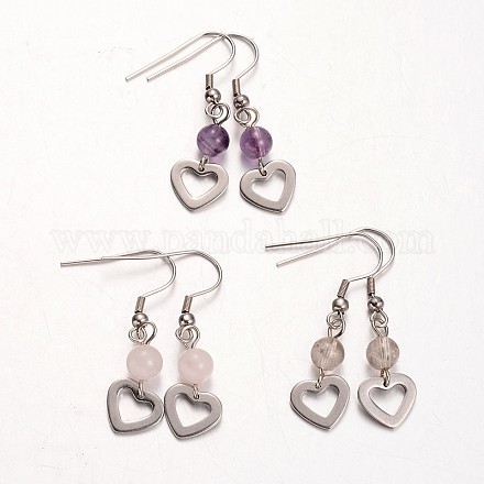 Heart Natural Gemstone Dangle Earrings EJEW-JE01884-1