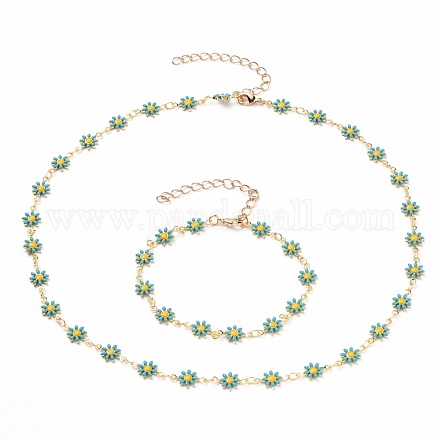 Set di gioielli con collane e braccialetti a catena a margherita SJEW-JS01138-02-1