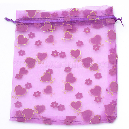長方形のハートプリントオーガンジーバッグ巾着袋  ギフトバッグ  暗紫色  16x13cm X-OP-R025-13x16-03-1