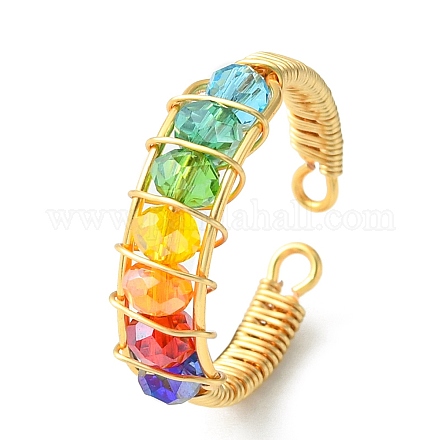 Colorful Glass Braided Bead Open Cuff Ring RJEW-TA00051-1