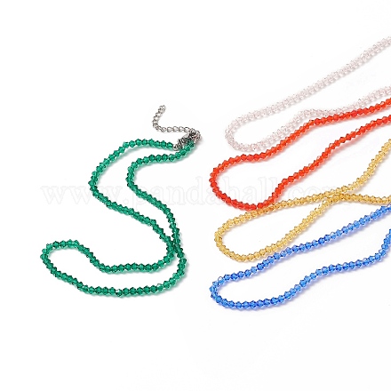 Halsketten aus transparenten Doppelkegelperlen aus Glas mit 304 Karabinerverschluss aus Edelstahl und Kettenverlängerung NJEW-JN04223-1