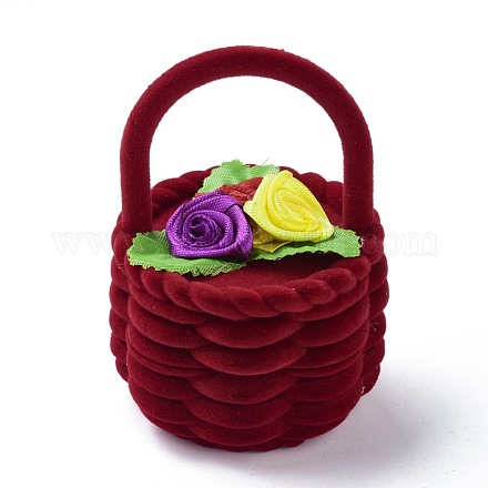 ベルベットのリングボックス  プラスチックとリボン付き  花籠  暗赤色  5.8x6cm VBOX-F004-01B-1