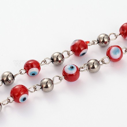 Handmade Evil Eye Lampwork Round Beads Chains for Necklaces Bracelets Making AJEW-JB00106-01-1