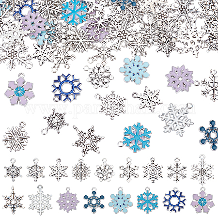 128pcs 17 Styles Snowflake Charms for Jewelry Making Xmas Christmas Snowflake Charms Pendant Beads for DIY Craft Bracelet Necklace