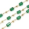 Brass Link Chains, with Glass Rectangle Beads, Rack Plating, Cadmium Free & Lead Free, Long-Lasting Plated, Soldered, Real 18K Gold Plated, Soldered, with Spool, Green, 2.5x0.8x0.4mm