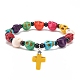 Natural Mashan Jade Skull Beaded Stretch Bracelet with Synthetic Turquoise(Dyed) Cross Charm BJEW-JB08372-4