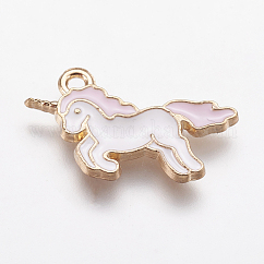 Pendente smaltati in lega, unicorno, oro chiaro, roso, 20x15x1.5mm, Foro: 1 mm