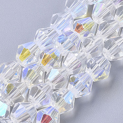 Abalorios de vidrio electroplate hebras, Color ab medio plateado, facetados, bicono, claro ab, 6x6mm, agujero: 1 mm, aproximamente 45~47 pcs / cadena, 10.83 pulgada (27.5 cm)