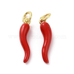 Ciondoli smaltati in ottone placcato a cremagliera, con anello di salto, placcato di lunga durata, vero placcato oro 18k,  cadmio& piombo libero, corno dell'abbondanza / ciondolo cornicello in corno italiano, rosso, 18.5x4.5x4mm, anello di salto: 5x0.8 mm, diametro interno: 3mm