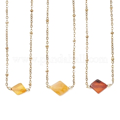 Colgante de rombo de ámbar natural y collar de cadena satélite de acero inoxidable 304 para mujer&nbsp;NJEW-JN06282