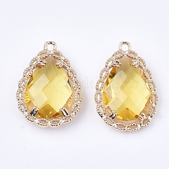 クリアガラスペンダント  真鍮パーツ  多面カット  ティアドロップ  ライトゴールド  ライトカーキ  19x14x4.5mm  穴：1.2mm&nbsp;GLAA-T007-08F