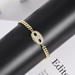 真鍮マイクロペーブクリアキュービックジルコニアリンクブレスレット  女性用キューバチェーンジュエリー  18KGP本金メッキ  オーバル  7-3/8インチ（18.7cm）  ペンダント：30x20x4mm&nbsp;BJEW-M050-05G-03