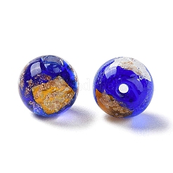 手作りのゴールド＆シルバーの箔ランプワークビーズ  ラウンド  ブルー  12mm  約33個/連  14.5インチ&nbsp;GLAA-G107-07A-04