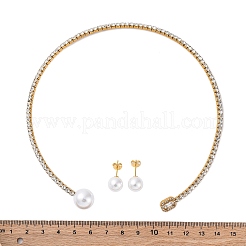 Круглые пластиковые серьги-гвоздики с имитацией жемчуга и прямоугольные ожерелья-чокеры с кубическим цирконием и стразами SJEW-U003-06G