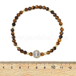 Pulseras elásticas de cuentas de ojo de tigre natural de la religión con cuentas redondas planas de latón con cuentas en forma de cruz&nbsp;BJEW-JB14360-03