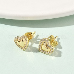 Серьги-гвоздики из латуни с микро-паве и прозрачным фианитом в форме сердца&nbsp;EJEW-P336-03G