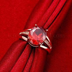 流行のデザインオーバル真鍮キュービックジルコニア婚約指輪  レッド  ローズゴールド  usサイズ8（18.1mm）&nbsp;RJEW-BB02658-B-8RG