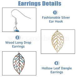 4 пара 4-х стилевых деревянных сережек-подвесок в форме полых листьев&nbsp;EJEW-FI0001-95