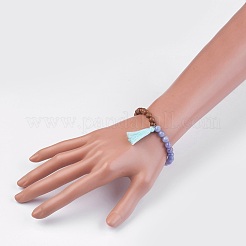 天然水晶(染色)ストレッチブレスレット  模造アクアマリン  ウッドビーズとコットンタッセル付き  2-1/8インチ（5.5cm）&nbsp;BJEW-JB03952-06