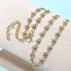 Богемская нержавеющая сталь 304 эмалированная цепочка с цветочным узором глубокого небесно-голубого цвета для женщин&nbsp;NJEW-Z061-01G
