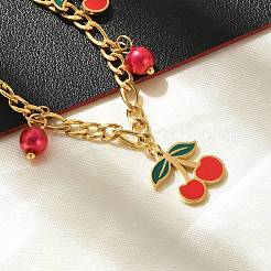 Браслеты с подвесками в виде вишни из нержавеющей стали 304 с эмалью&nbsp;BJEW-M095-01G