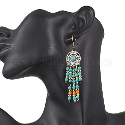 Плоские круглые серьги-подвески из нержавеющей стали 304 с синтетической бирюзой EJEW-JE06454-02