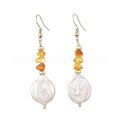 Boucles d'oreilles pendantes en ambre naturel et perles keshi naturelles&nbsp;EJEW-JE07445-01
