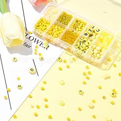 DIY フラットラウンド & ハート アクリル & ガラス シードビーズ ジュエリー作り ファインディング キット  きいろ  4~10x4~10x2.5~4.5mm  穴：1.2~2mm&nbsp;DIY-FS0006-43B