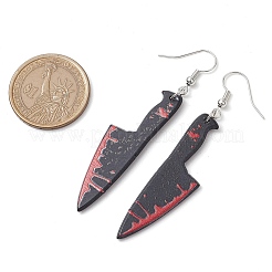 ハロウィーンプリントのアクリルダングルイヤリング  鉄のピアスフック  ナイフチャーム  プラチナ  ブラック  70x14mm&nbsp;EJEW-JE06124-07