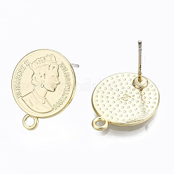 合金製スタッドピアスパーツ  ループとスチールピン付き  クイーンとフラットラウンド  ライトゴールド  16x13.5mm  穴：1.4mm  ピン：0.7mm&nbsp;PALLOY-T064-70LG-RS
